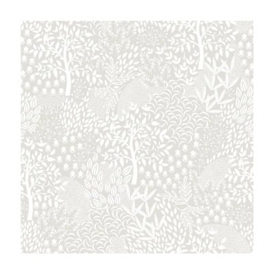 Intricate white-on-white pattern featuring trees, leaves, and forest animals like deer and hedgehogs, perfect for those seeking unique Amazon Wallpaper.