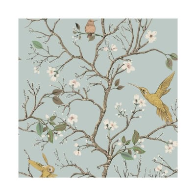 Illustration of branches with blooming flowers and various birds set against a light blue background, perfect for Amazon Wallpaper.