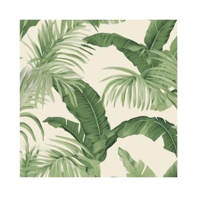 Green tropical leaves with various shapes overlap on a light beige background, creating a dense, leafy Amazon wallpaper pattern.