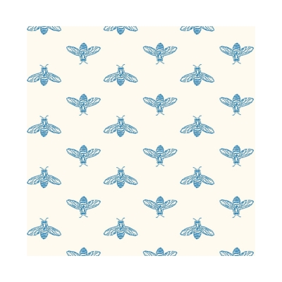 A blue and white block print wallpaper of bees.
