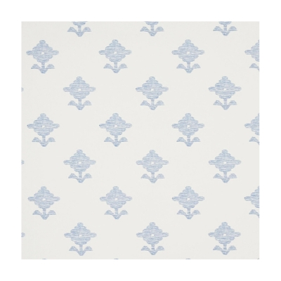 a blue and white floral block print wallpaper from Schumacher.