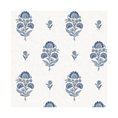A white background with a repeating pattern of blue floral motifs, featuring larger and smaller flowers arranged in a regular grid—perfect for adding a touch of elegance to any space as Amazon wallpaper.