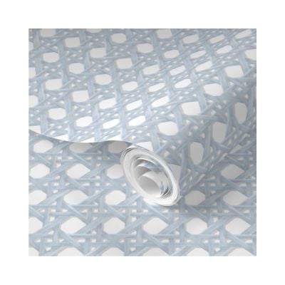 A roll of Amazon Wallpaper featuring a blue and white geometric lattice pattern on a crisp white background.