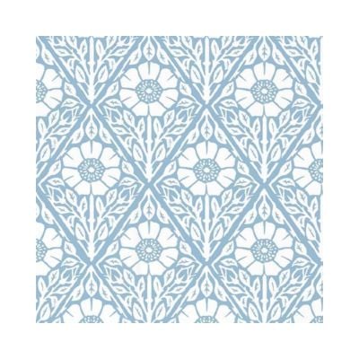 Blue and white geometric floral pattern with repeating stylized flowers and leaves arranged in diamond shapes, perfect as Amazon Wallpaper for a fresh, modern look.