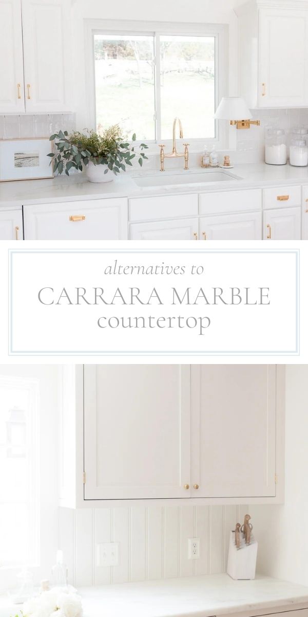 Top photo is white marble countertop with sink. Bottom photo is a corner of kitchen white marble countertop.