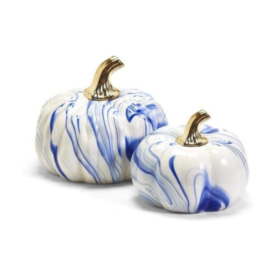 blue and white marbled faux pumpkins