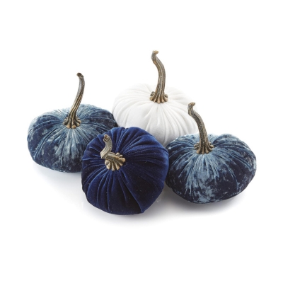 Set of four blue and white velvet faux pumpkins