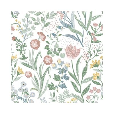 Illustration of various colorful wildflowers and green leaves scattered on a white background, perfect for creating a vibrant Amazon Wallpaper.