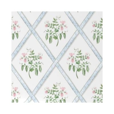 White tile Amazon Wallpaper with a blue diamond grid pattern, each diamond featuring a floral design with pink flowers and green leaves.