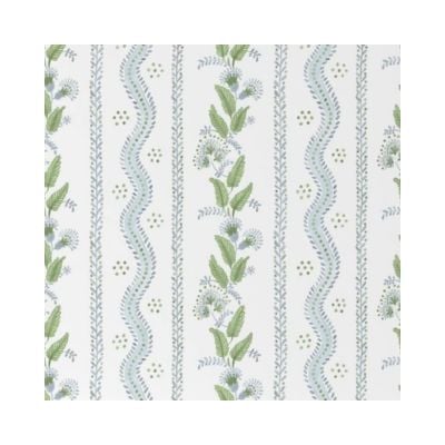Amazon Wallpaper pattern with vertical stripes of green leaves and blue flowers, alternating with blue wavy and dotted lines on a white background.