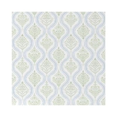 A repeating pattern of stylized green and blue floral motifs on a white background, arranged in vertical, wavy lines—perfect for adding a fresh touch to your space as Amazon Wallpaper.