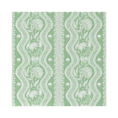 Green and white Amazon Wallpaper with a symmetrical floral and wavy stripe pattern. The design features large flowers, leaves, and decorative borders for a fresh, elegant look.