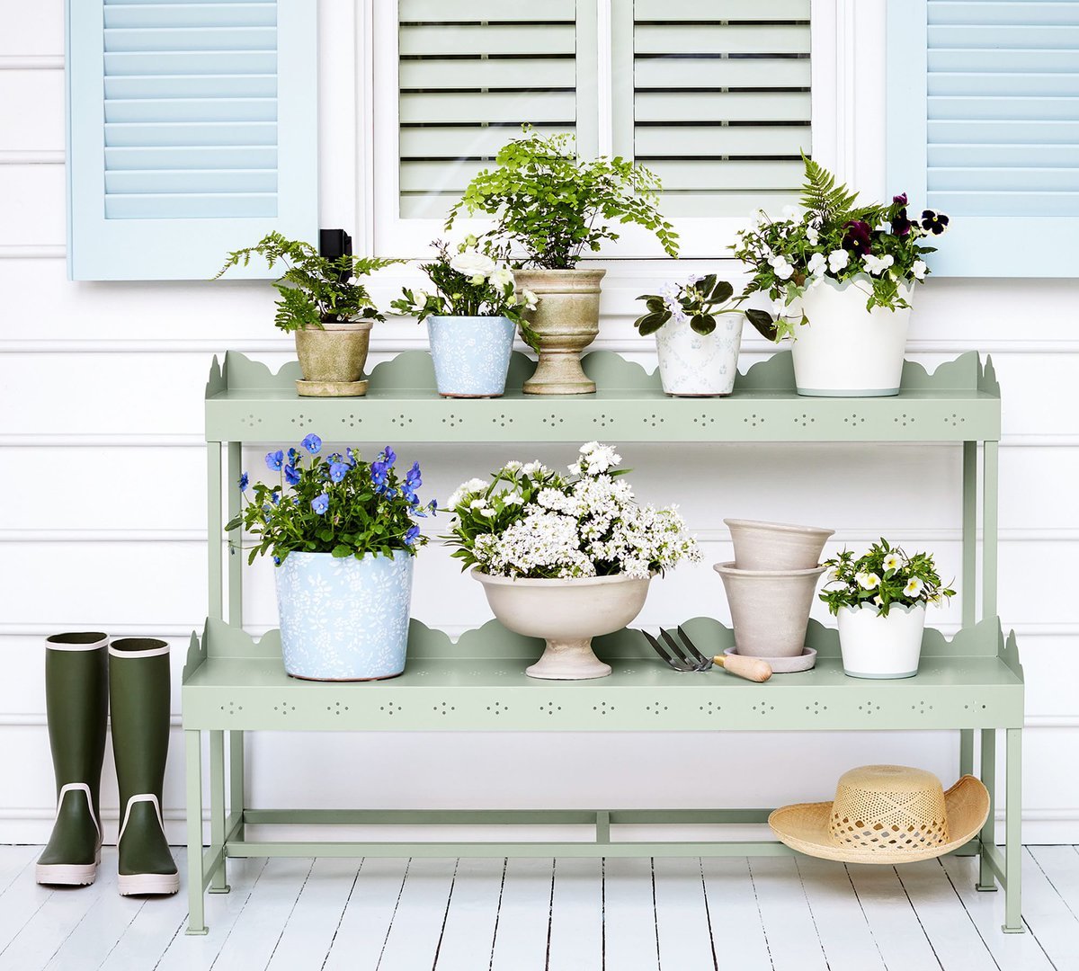 A green garden etagere from Julia Berolzheimer for Pottery Barn.