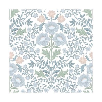 A seamless floral Amazon Wallpaper pattern featuring blue, green, and light peach flowers and leaves on a crisp white background.