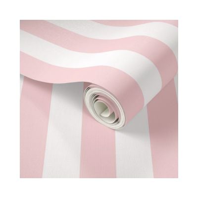A roll of Amazon Wallpaper with wide pink and white vertical stripes lies partially unrolled on a white background.