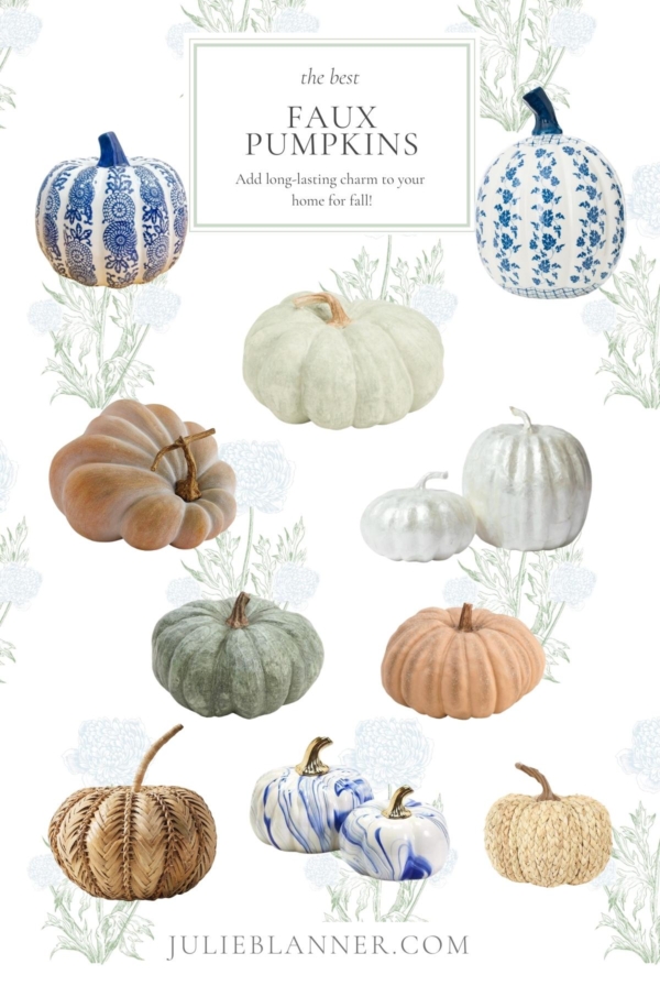 A graphic from www.julieblanner.com featuring a variety of faux pumpkins