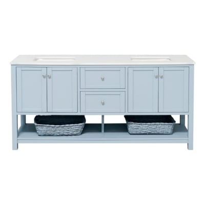 a blue bathroom vanity with white countertop
