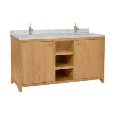 a white oak double bathroom vanity with marble countertop