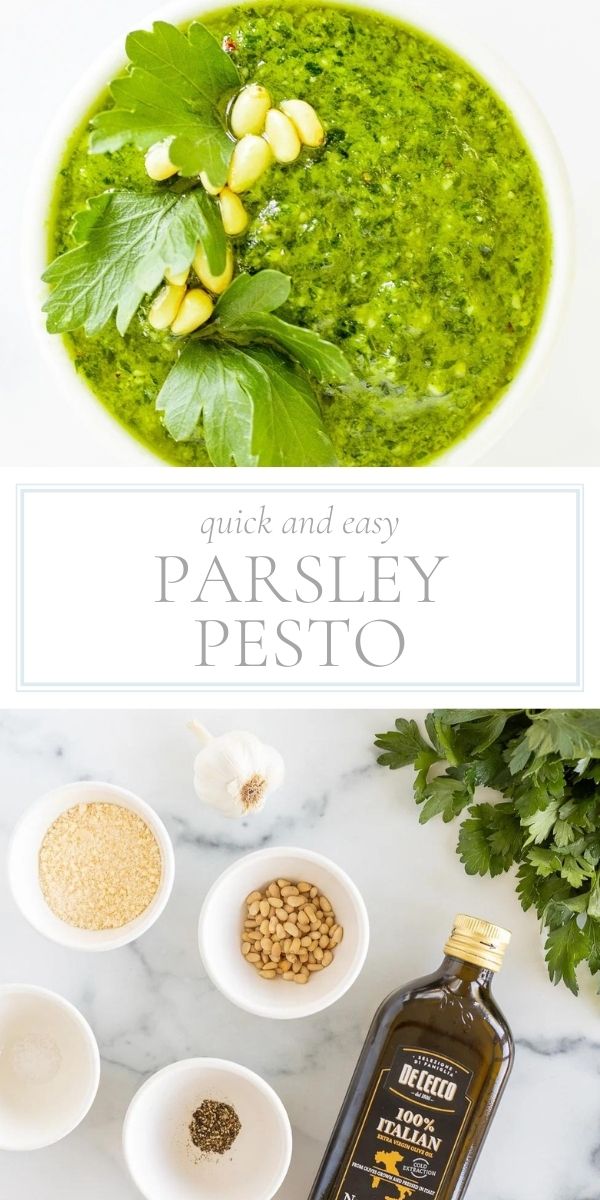Top photo is an overhead of a white bowl of bright green parsley pesto topped with pine nuts. Bottom photo is an overhead view of all the ingredients for parsley pesto on a marble countertop