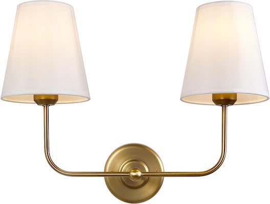 A pair of brass wall sconces with white shades available on Prime Day.