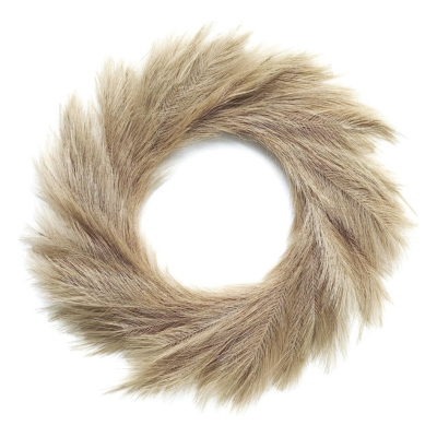 A fall wreath with beige fur on a white background.