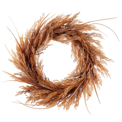 A brown fall wreath on a white background.