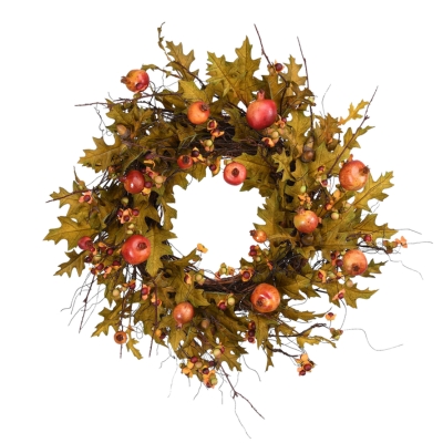 A fall wreath with apples and berries.