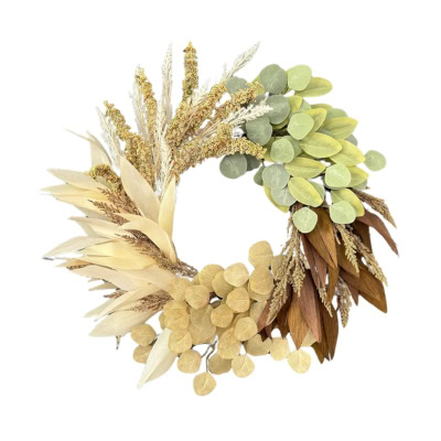 A decorative fall wreath made of various dried plants, including beige leaves, brown accents, light green eucalyptus, and yellow sprigs, arranged in a circular pattern.