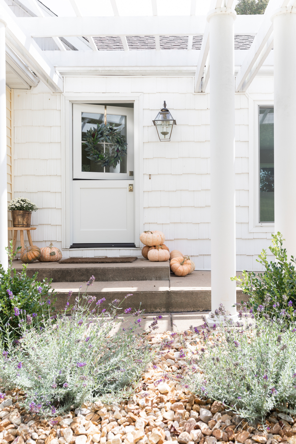 A white front porch with lavender plants and fall wreaths.