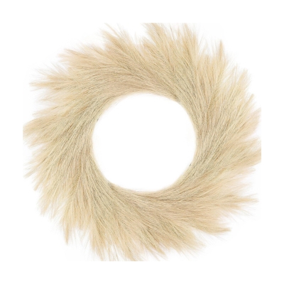 A fall wreath made of beige fur on a white background.