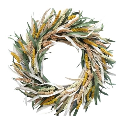 A fall wreath with yellow flowers and leaves on a white background.
