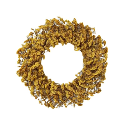 A round fall wreath made of dried yellow flowers against a white background.