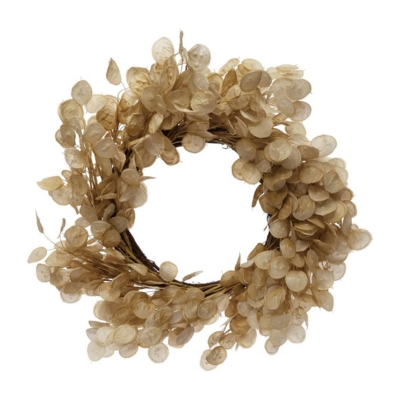 A fall wreath made of beige leaves on a white background.