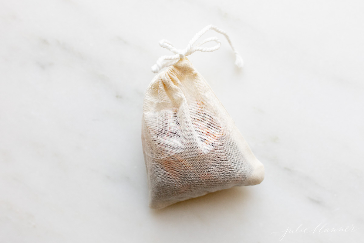A tea bag filled with mulling spices