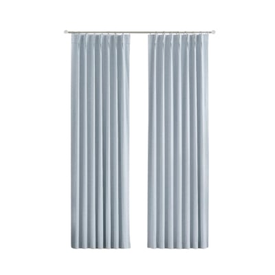 A pair of light blue pinch pleat drapes hanging on a white wall.