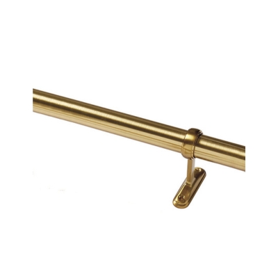 A brass rod with a metal handle on a white background, supporting elegant pinch pleat drapes.