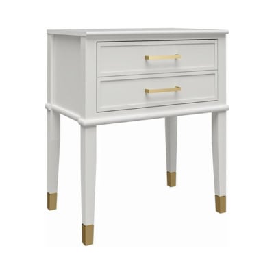 White two-drawer nightstand with gold handles and gold-tipped legs. Feat: flat top surface and slightly elevated from the ground, providing simple and elegant storage. Perfect for adding a touch of luxury to any bedroom, especially when snagged during Prime Day offers.