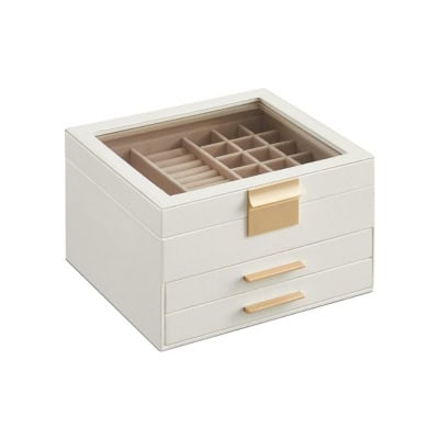 A white jewelry box with two drawers and a glass top displaying compartments for rings and small items, perfect for organizing your treasures. Don't miss out on this elegant piece during Prime Day!