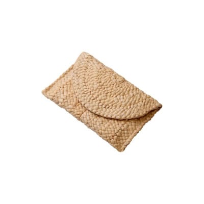 A woven beige clutch purse with a flap closure, showcased on a white background, perfect for snagging as a steal during Prime Day.
