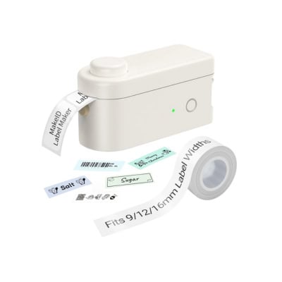 A compact white label maker with a roll of labels beside it, perfect for organizing this Prime Day. Labels for "Sugar," "Salt," and barcodes are shown. Text on labels reads "MeMeO Label Maker" and "Fits 9/12/16mm Label Widths.
