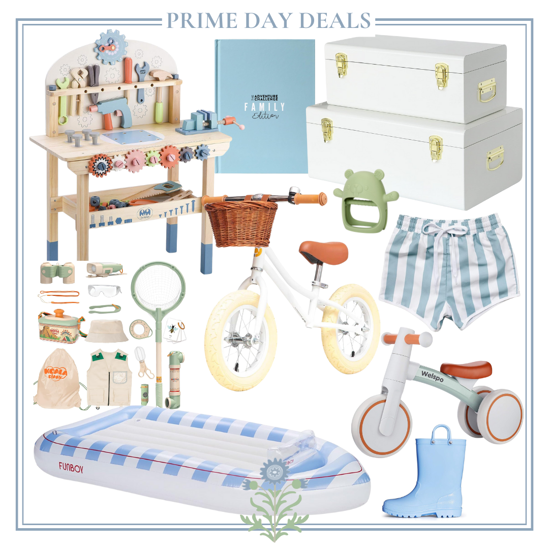 Assortment of children's toys and outdoor items displayed, including a tool bench, activity kits, bicycles, inflatable pool, beachwear, and storage boxes. Banner reads "Prime Day Deals" at the top to celebrate Prime Day.