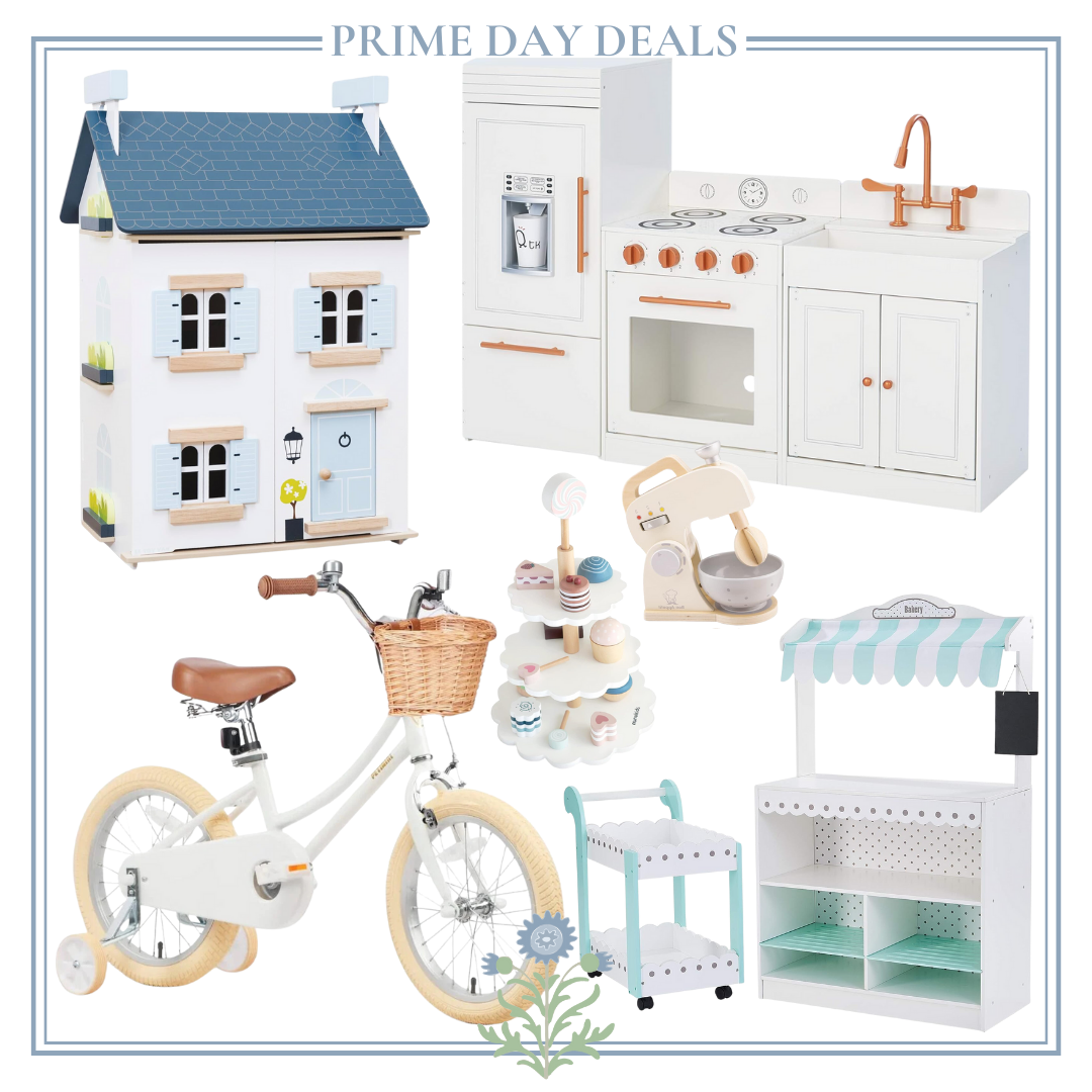 A collage showcasing wooden children's toys including a dollhouse, play kitchen, bicycle with basket, toy coffee maker, rolling cart, and a market stand. Text at the top reads "Prime Day Deals: Don’t Miss Out!
