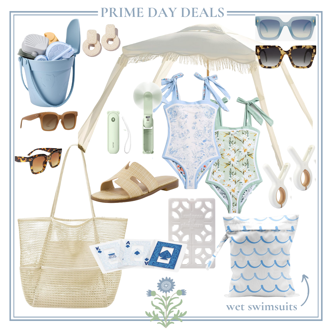 A collage of beach and swim accessories, including sunglasses, swimsuits, sandals, a hat, fan, tote bag, and wet swimsuit bag—all featured as part of Prime Day deals.
