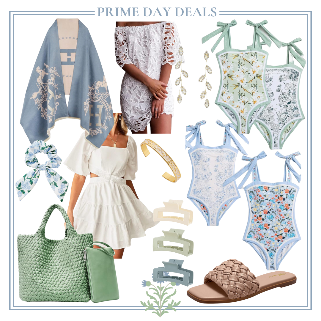 Collage showcasing "Prime Day Deals" with various items, including summer dresses, swimsuits, hair accessories, a tote bag, sandals, a bracelet, and scarves in pastel and neutral tones. Don't miss out on these prime day offers!