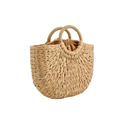 A woven straw handbag with circular handles and a brown fabric lining visible at the top—perfect for adding to your Prime Day shopping list.