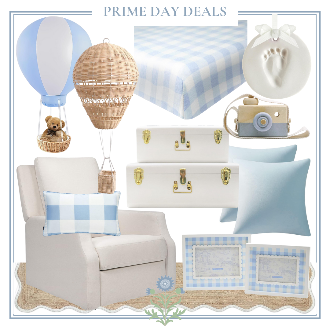 A collage image featuring a white armchair with a blue checkered pillow, wicker and hot air balloon decor, baby items, and white storage trunks under a banner reading "Prime Day Deals" captures the excitement of Prime Day.