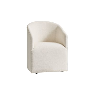 A white upholstered chair, perfect for achieving an Arhaus look for less, set against a clean white background.