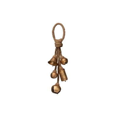A brass bell hanging on a rope.