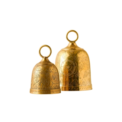 Two brass bells on a white background.