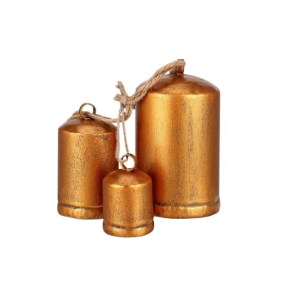 Three brass bells on a white background.